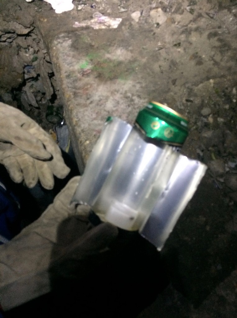 Catalamp, made out of beer can and candle, found near the entrance hole. The cataphiles had cleared it out of the catacombs...because it's okay to litter once you're outside. ;)
